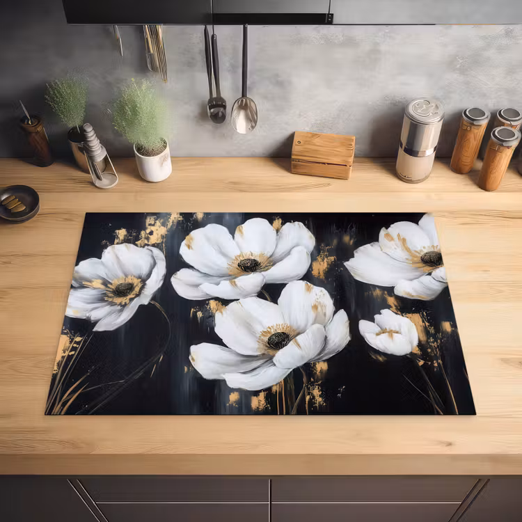 Bloemen - Wit - Abstract Inductie beschermer vinyl 3mm klein -sfeer5