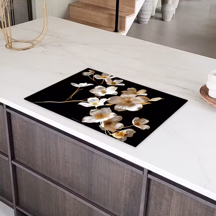 Bloemen - Wit - Goud Inductie beschermer vinyl 3mm klein -sfeer8