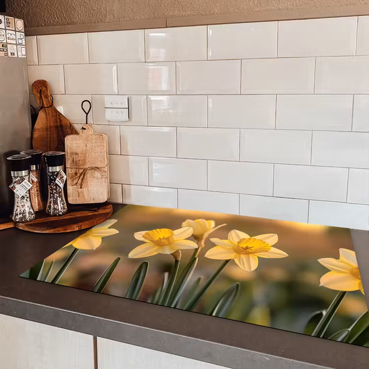 Bloemen - Geel - Wazig Inductie beschermer vinyl 3mm klein -sfeer3