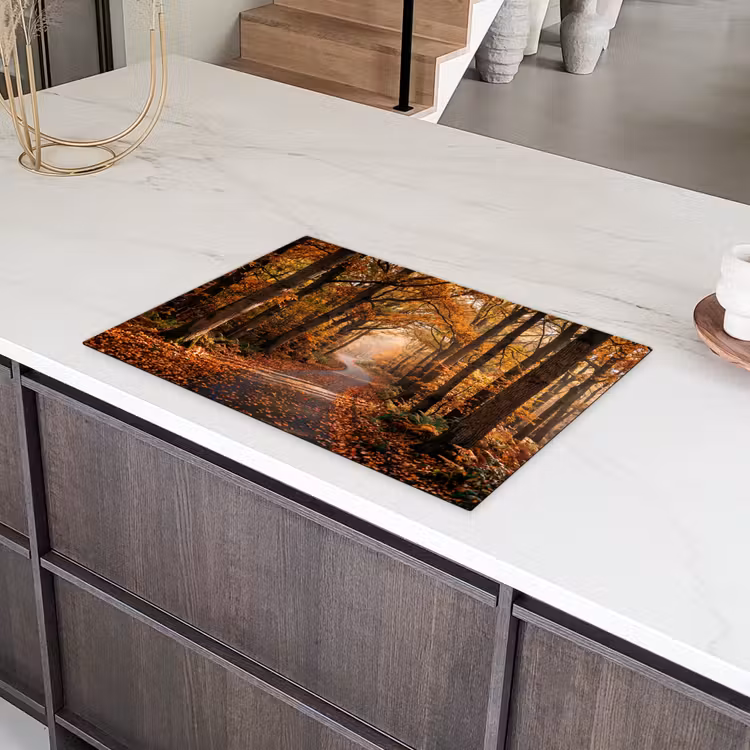 Bospad - Herfstbos - Bladeren - Oranje - Nostalgisch Inductie beschermer vinyl 3mm klein -sfeer8