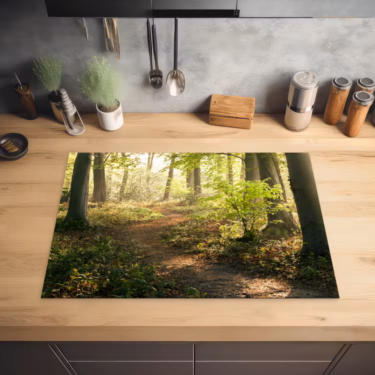 Bos - Bomen - Pad - Zon - Planten - Bladeren - Natuur Inductie beschermer vinyl 3mm middel -sfeer5