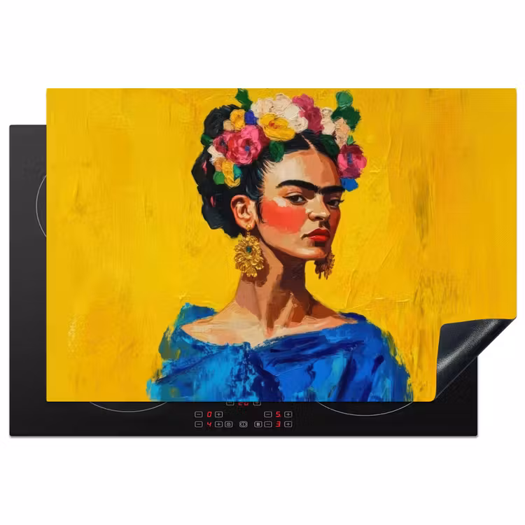 Frida Kahlo - Vrouw - Geel - Blauw - Bloemen Inductie beschermer vinyl 3mm klein -3d