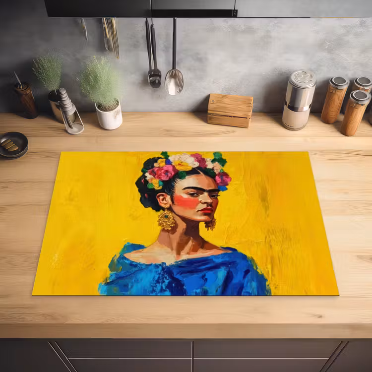 Frida Kahlo - Vrouw - Geel - Blauw - Bloemen Inductie beschermer vinyl 3mm klein -sfeer5