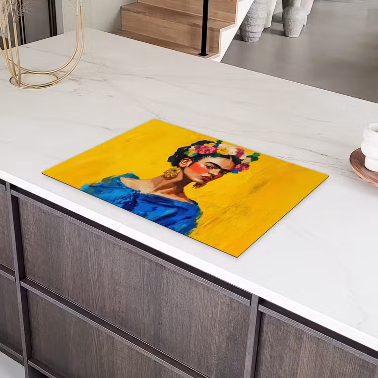 Frida Kahlo - Vrouw - Geel - Blauw - Bloemen Inductie beschermer vinyl 3mm klein -sfeer8