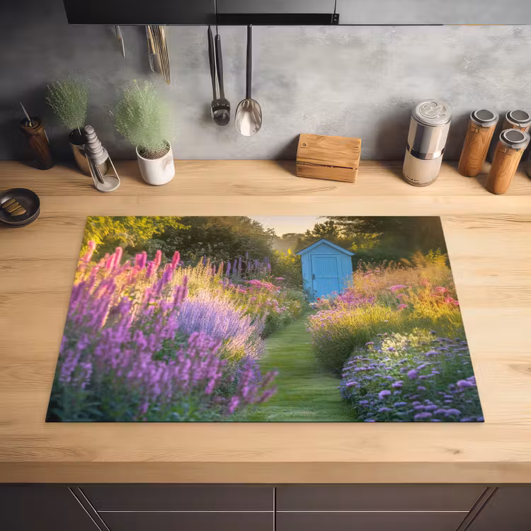 Tuinhuisje - Blauw - Bloemen Inductie beschermer vinyl 3mm klein -sfeer5