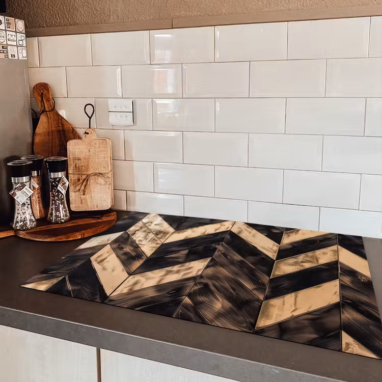 Geometrisch Houtmozaïek Inductie beschermer vinyl 3mm klein -sfeer3