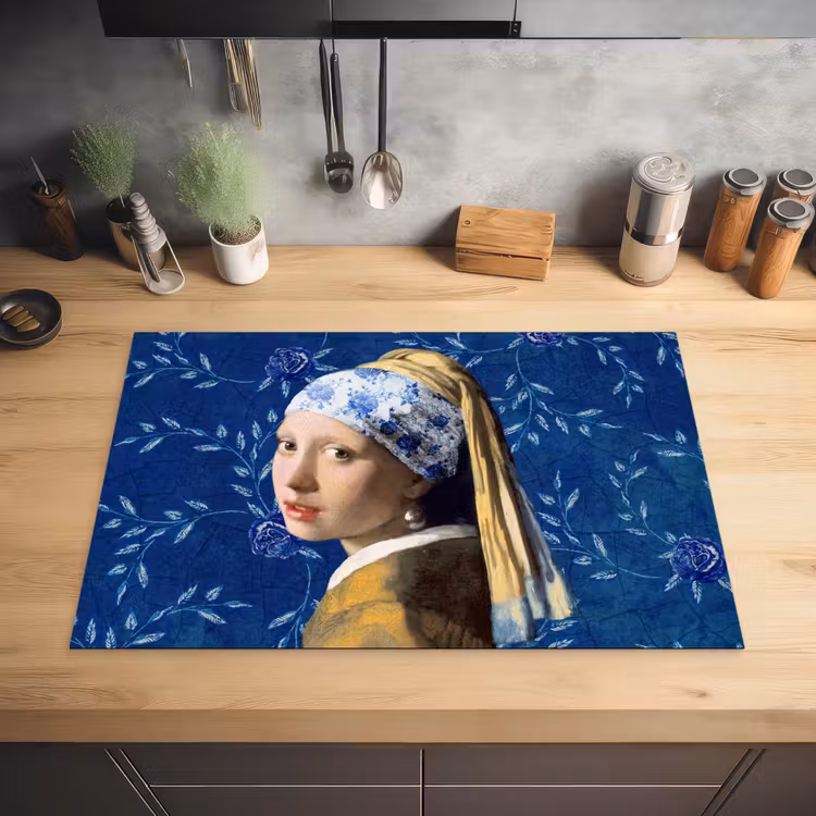 Meisje met de parel - Delfts blauw - Vermeer - Bloemen - Schilderij - Oude meesters Inductie beschermer vinyl 3mm klein -sfeer5