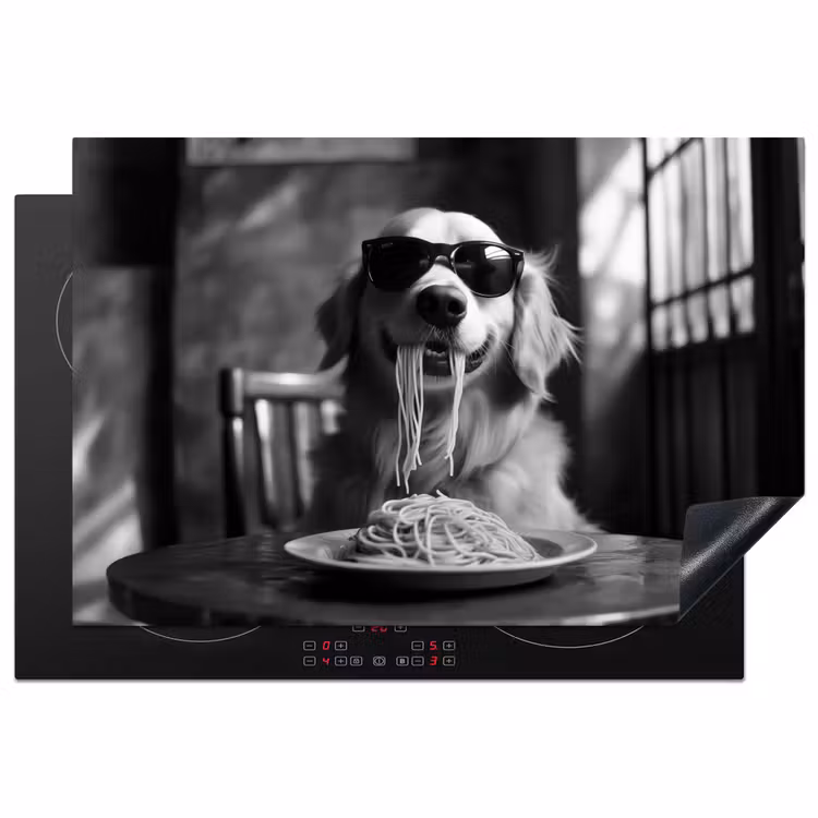 Golden Retriever - Hond - Vrolijk - Bord spaghetti - Zwart - wit Inductie beschermer vinyl 3mm klein -3d