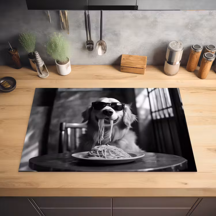 Golden Retriever - Hond - Vrolijk - Bord spaghetti - Zwart - wit Inductie beschermer vinyl 3mm klein -sfeer5