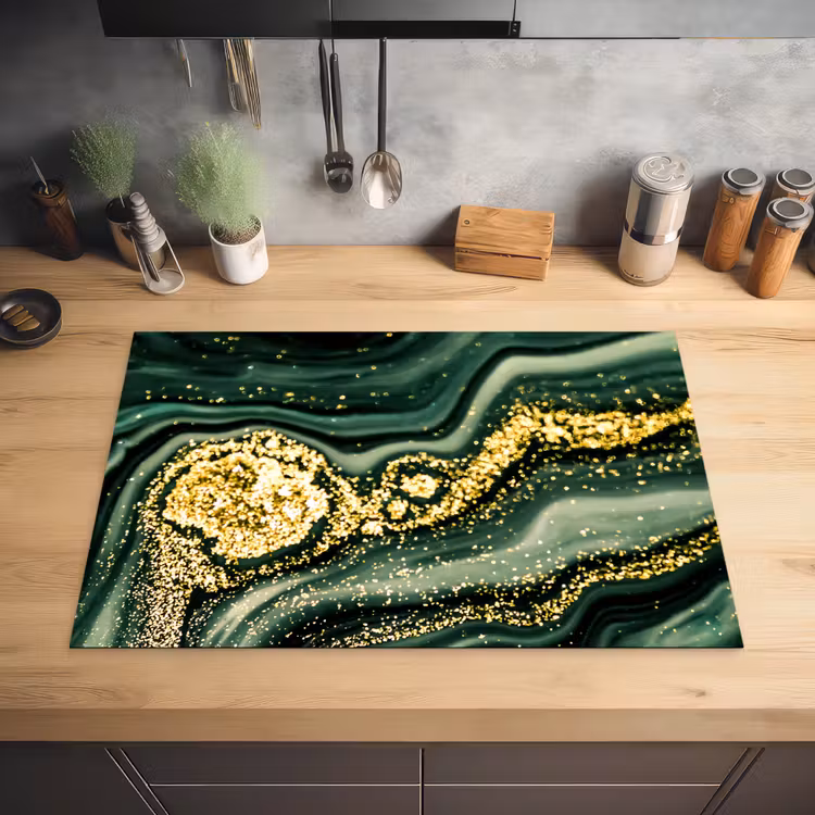 Gouden Storm op Groen Marmer Inductie beschermer vinyl 3mm klein -sfeer5