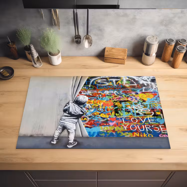 Graffiti - Illusie - Jongen - Street art Inductie beschermer vinyl 3mm klein -sfeer5
