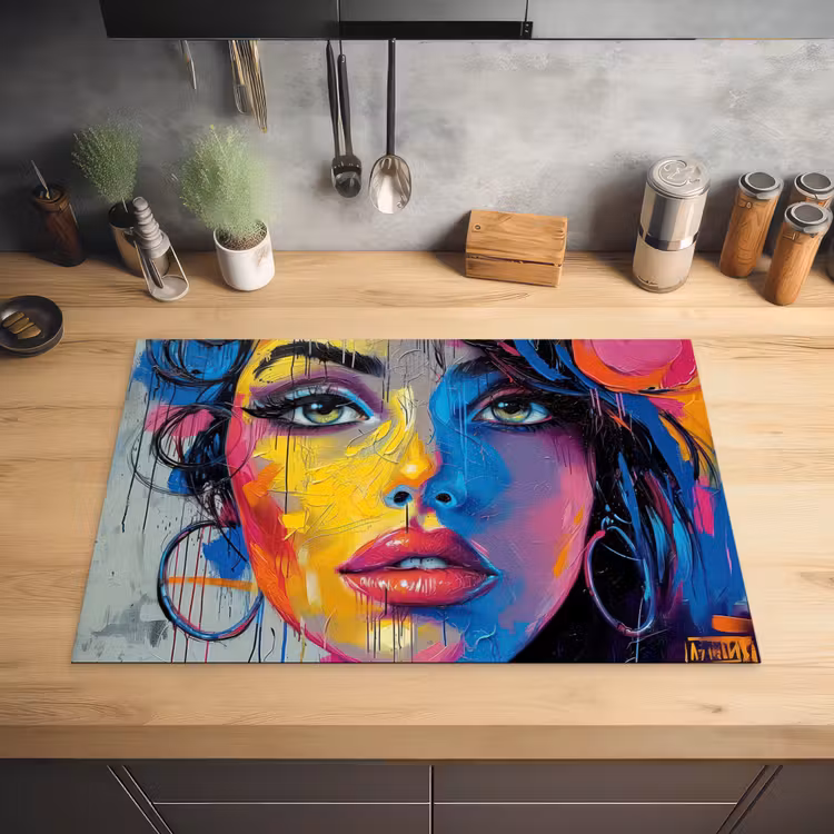 Graffiti - Vrouw - Kleurrijk - Streetart - Popart Inductie beschermer vinyl 3mm klein -sfeer5