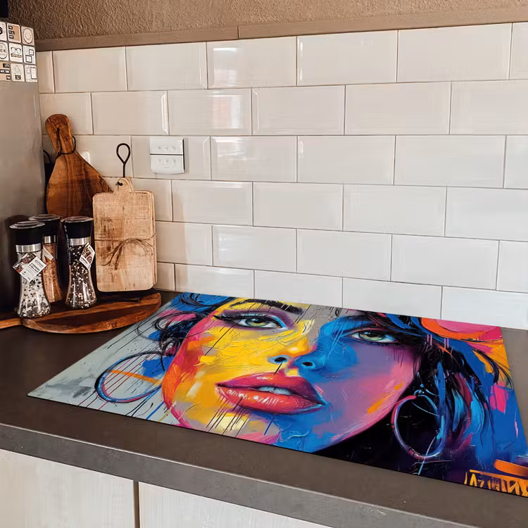 Graffiti - Vrouw - Kleurrijk - Streetart - Popart Inductie beschermer vinyl 3mm klein -sfeer3