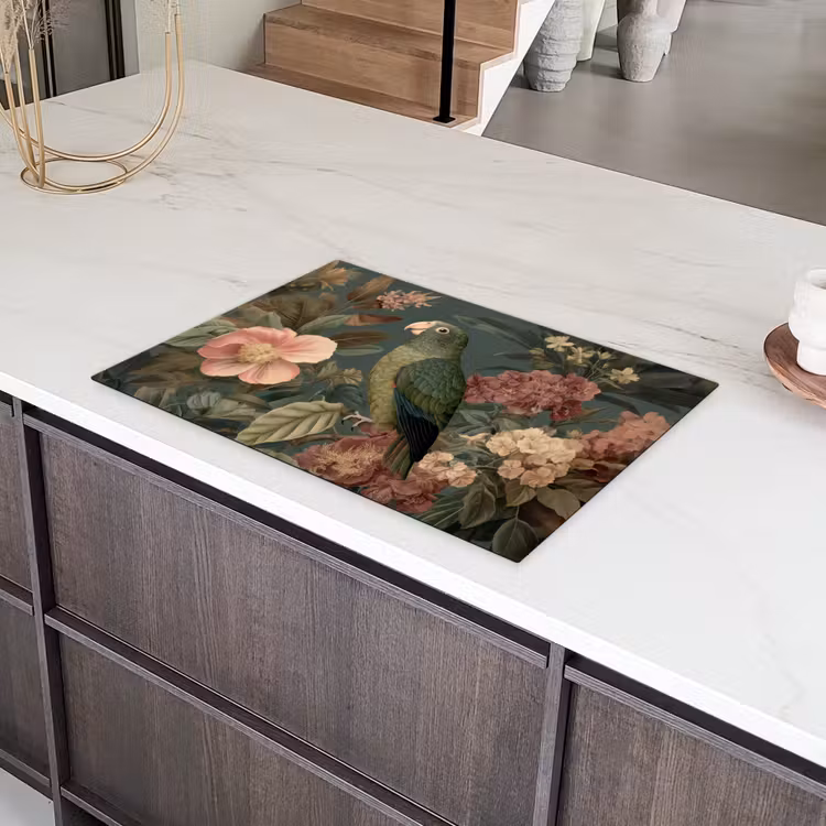 Groene papegaai - Kleurrijke bloemen - Donkere achtergrond Inductie beschermer vinyl 3mm klein -sfeer8