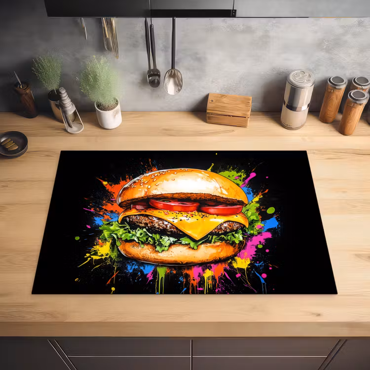 Hamburger - Graffiti - Verf - Kleurrijk - Eten - Abstract Inductie beschermer vinyl 3mm klein -sfeer5