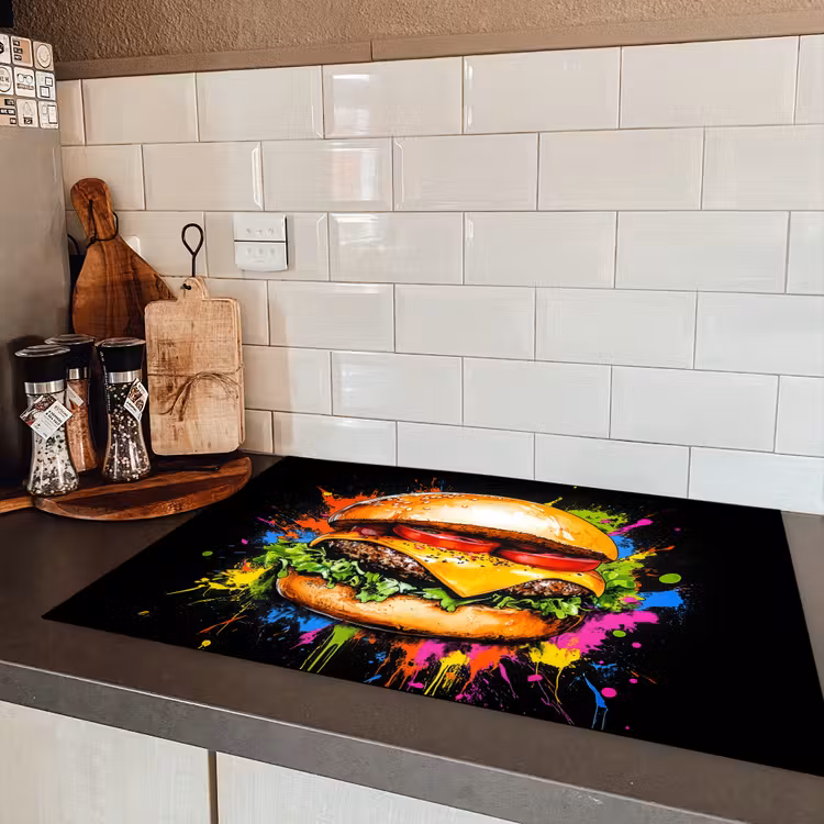 Hamburger - Graffiti - Verf - Kleurrijk - Eten - Abstract Inductie beschermer vinyl 3mm klein -sfeer3