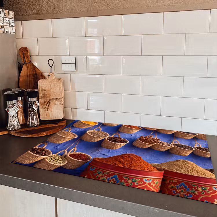 Induction Hob Cover - Herbs - Baskets - Market - Kruiden - Manden - Markt Inductie beschermer vinyl 3mm klein