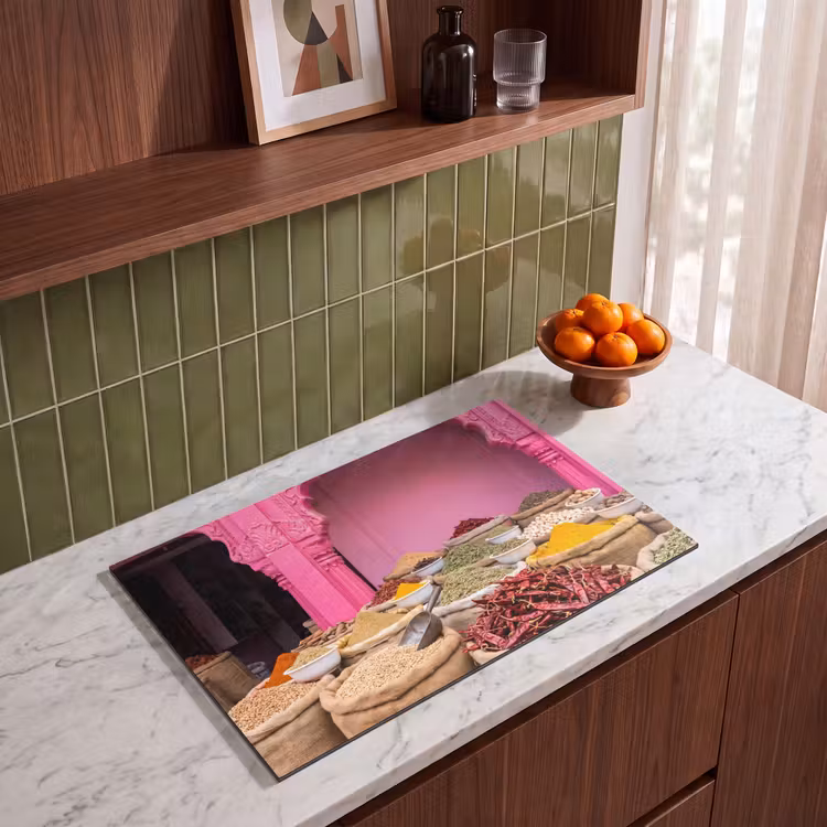 Induction Hob Cover - Herbs - Market - Pink - Kruiden - Markt - Roze Inductie beschermer vinyl 3mm klein