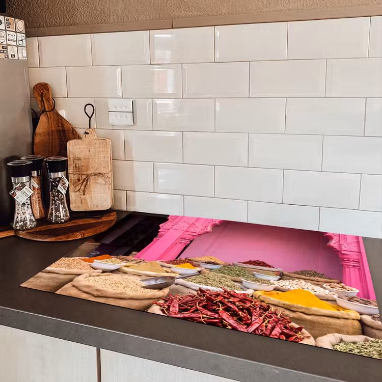 Induction Hob Cover - Herbs - Market - Pink - Kruiden - Markt - Roze Inductie beschermer vinyl 3mm klein