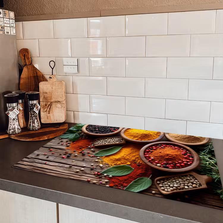 Kruiden - Houtstructuur - Koken - Specerijen Inductie beschermer vinyl 3mm klein -sfeer3
