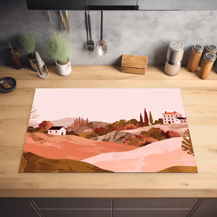 Heuvellandschap - Grafisch - Terracotta Inductie beschermer vinyl 3mm klein -sfeer5