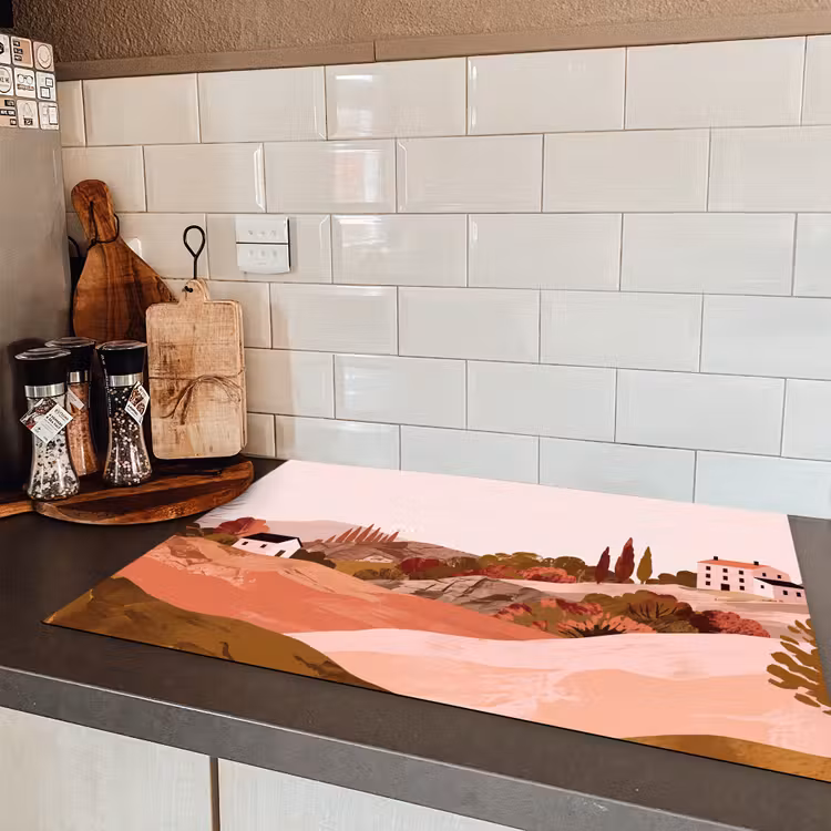 Heuvellandschap - Grafisch - Terracotta Inductie beschermer vinyl 3mm klein -sfeer3