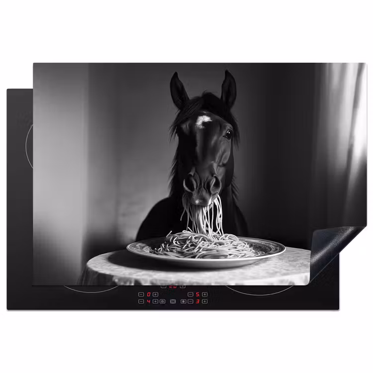 Paard - Bord - Pasta - Tafelkleed - Zwart Wit - Dieren Inductie beschermer vinyl 3mm klein -3d