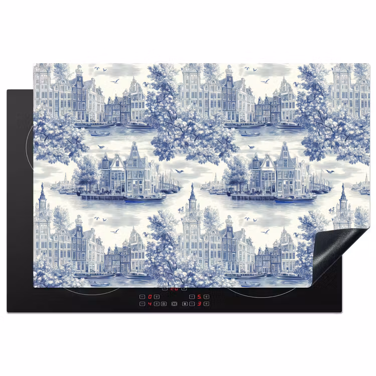 Huizen - Bomen - Water - Vogels - Blauw Inductie beschermer vinyl 3mm klein 276 -3d
