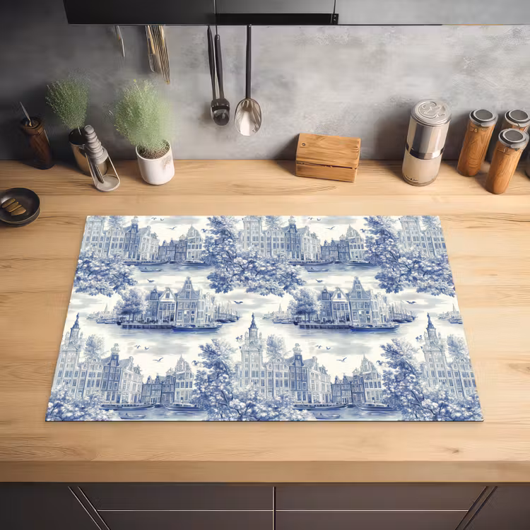 Huizen - Bomen - Water - Vogels - Blauw Inductie beschermer vinyl 3mm klein 276 -sfeer5