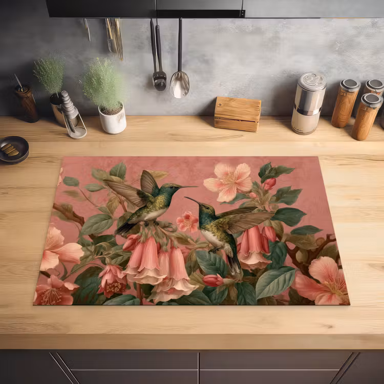 Kolibries - Bloemen - Groen - Roze Inductie beschermer vinyl 3mm klein -sfeer5