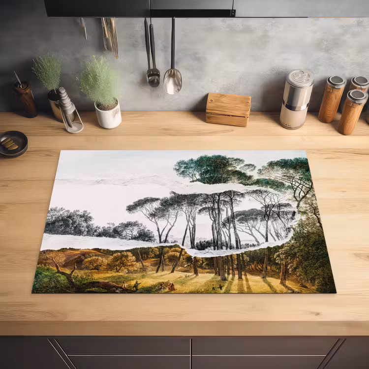 Italiaans landschap parasoldennen - Kunst - Hendrik Voogd - Schilderij - Zwart wit - Oude meesters Inductie beschermer vinyl 3mm klein -sfeer5
