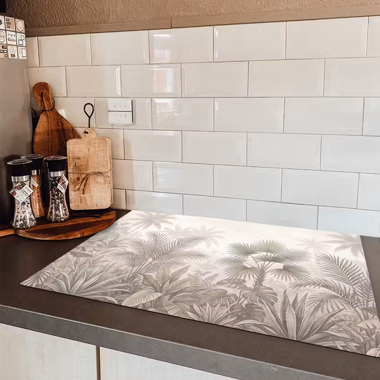 Jungle - Tropisch - Natuur -Vintage - Beige Inductie beschermer vinyl 3mm klein -sfeer3