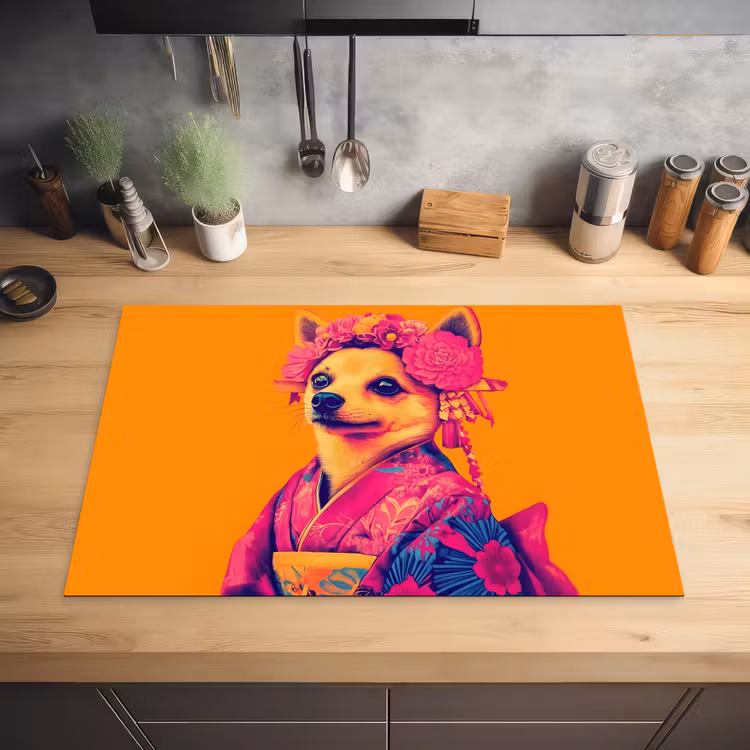 Kimono - Hondje - Bloemenkroon - Oranje Inductie beschermer vinyl 3mm klein -sfeer5