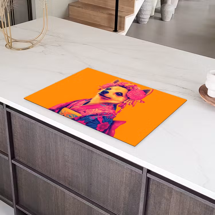 Kimono - Hondje - Bloemenkroon - Oranje Inductie beschermer vinyl 3mm klein -sfeer8
