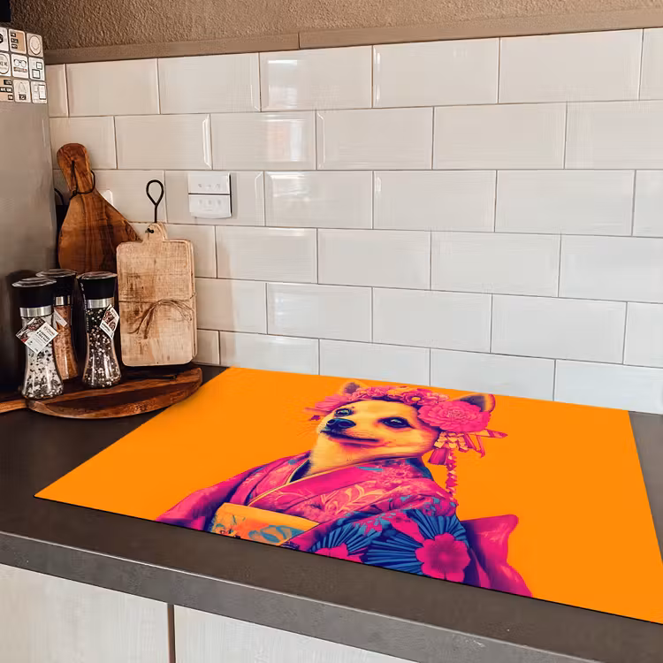 Kimono - Hondje - Bloemenkroon - Oranje Inductie beschermer vinyl 3mm klein -sfeer3