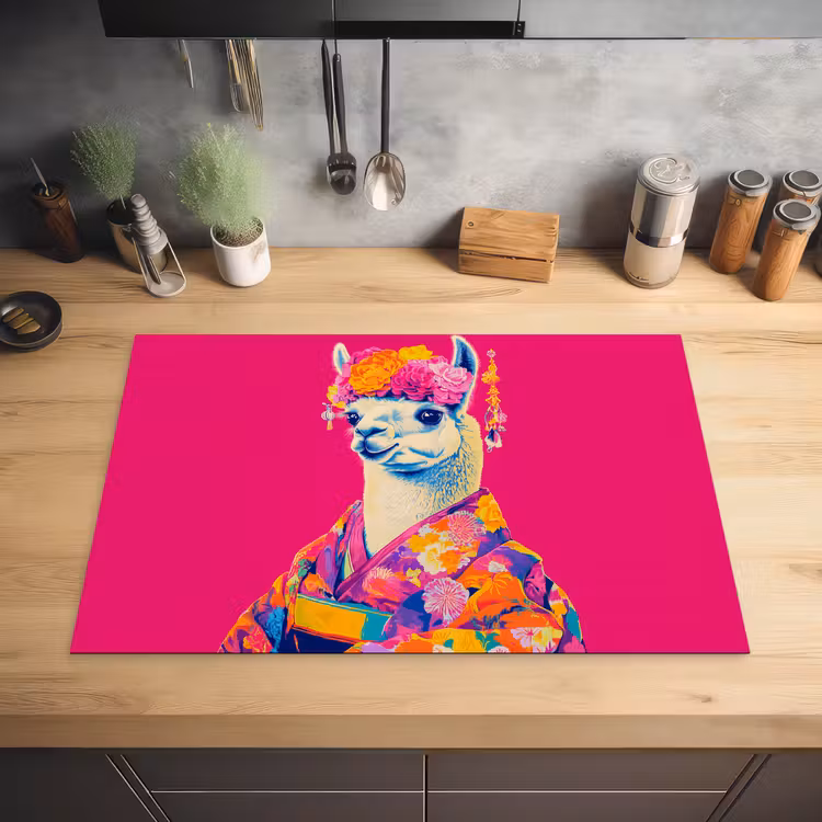 Lama - Kimono - Bloemenkrans - Felroze Inductie beschermer vinyl 3mm klein -sfeer5