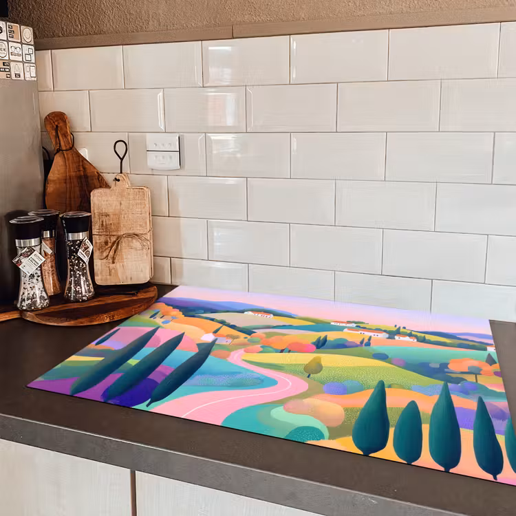 Landschap - Paars - Pastel - Huizen Inductie beschermer vinyl 3mm klein -sfeer3