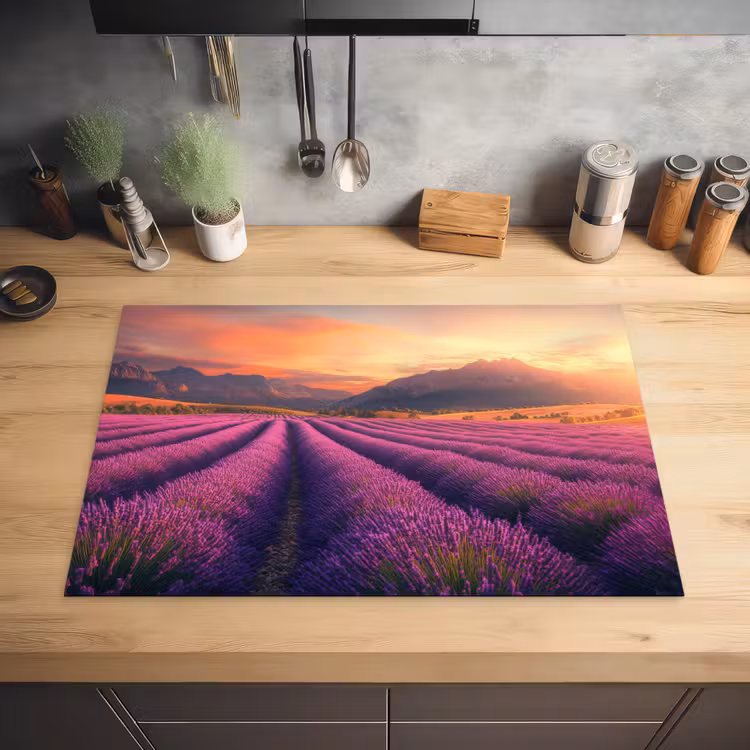 Lavendelveld - Zonsondergang - Paars Inductie beschermer vinyl 3mm klein -sfeer5