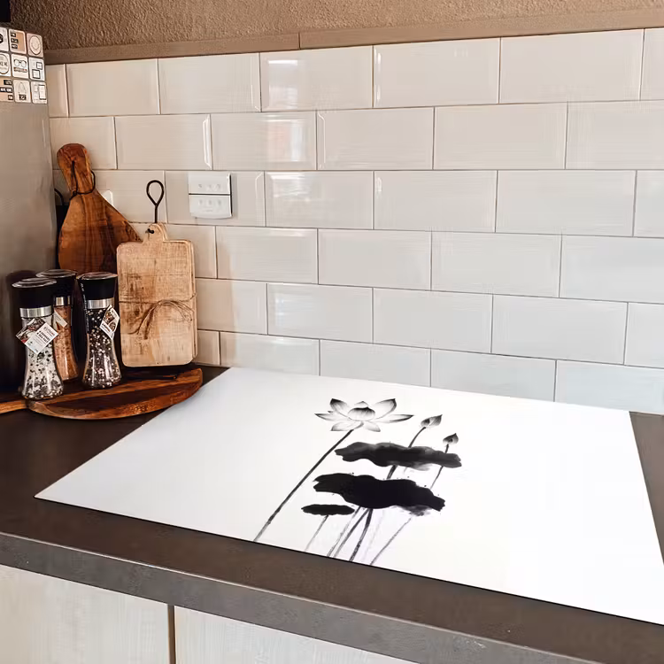 Bladeren - Zwart - Lotusbloem - Minimalitisch Inductie beschermer vinyl 3mm klein -sfeer3