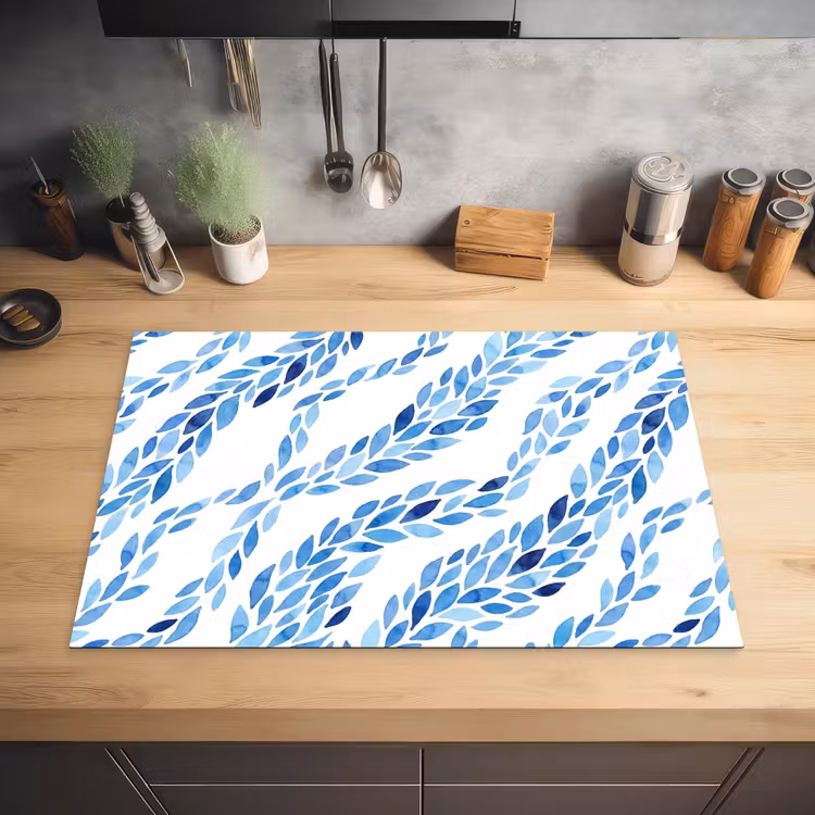 Bladeren - Aquarel - Patroon - Modern - Blauw Inductie beschermer vinyl 3mm klein -sfeer5