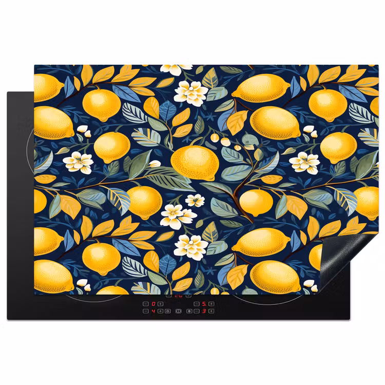 Citroenen - Bloemen - Bladeren - Blauw Inductie beschermer vinyl 3mm klein 276 -3d