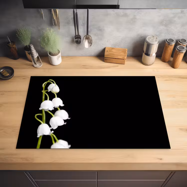 Lelietjes van dalen - Bloemen - Zwart - Flora Inductie beschermer vinyl 3mm klein -sfeer5