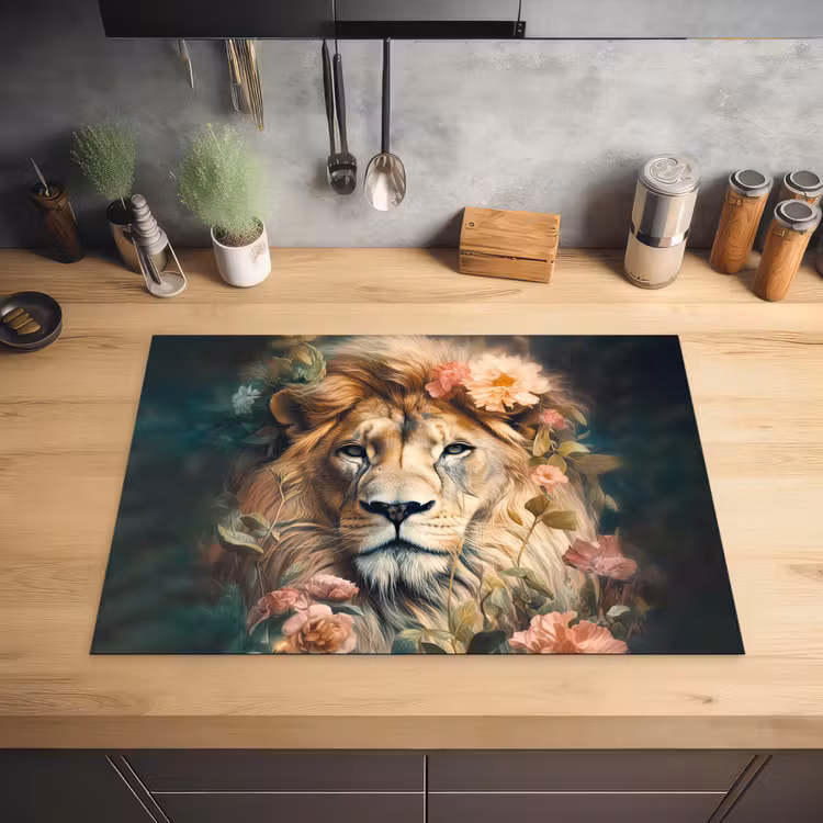 Leeuw - Leeuwenkop - Wilde dieren - Bloemen Inductie beschermer vinyl 3mm middel -sfeer5