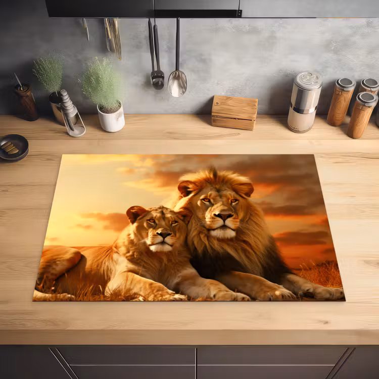 Leeuwen - Zonsondergang - Afrika - Savanne - Dieren Inductie beschermer vinyl 3mm klein -sfeer5