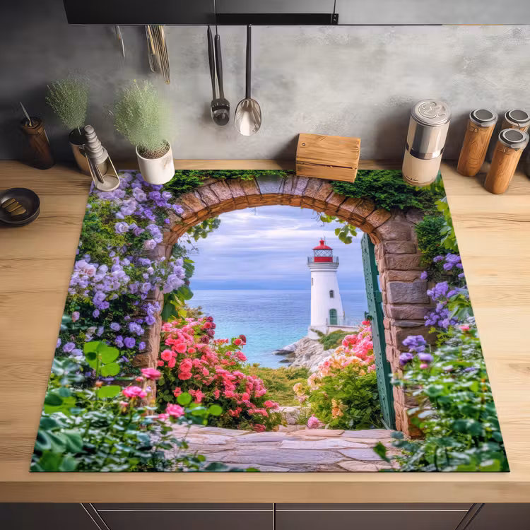 Doorkijk - Vuurtoren - Bloemen - Uitzicht Inductie beschermer vinyl 3mm middel -sfeer5
