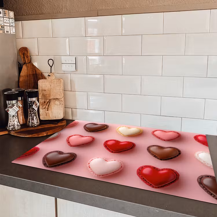 Macarons - Hartjes - Kleurrijk - Roze Inductie beschermer vinyl 3mm klein -sfeer3