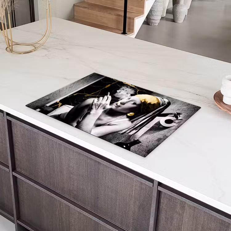 Marmerlook - Meisje met de parel - Sigaretten - Toilet - Goud - Kunst - Oude meesters Inductie beschermer vinyl 3mm klein -sfeer8