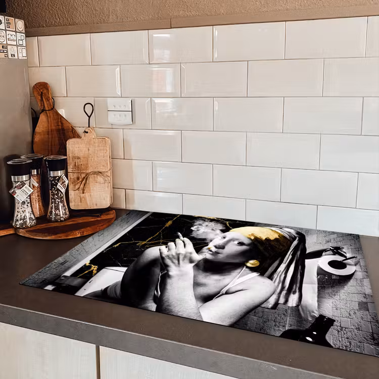 Marmerlook - Meisje met de parel - Sigaretten - Toilet - Goud - Kunst - Oude meesters Inductie beschermer vinyl 3mm klein -sfeer3
