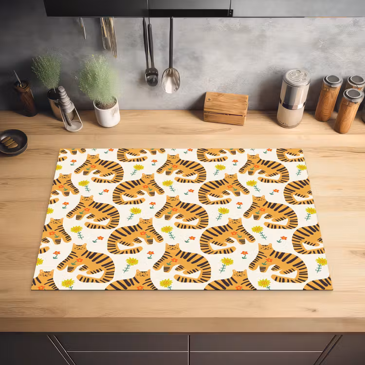 Vrolijk - Tijgerkatten - Bloemen Inductie beschermer vinyl 3mm klein 276 -sfeer5