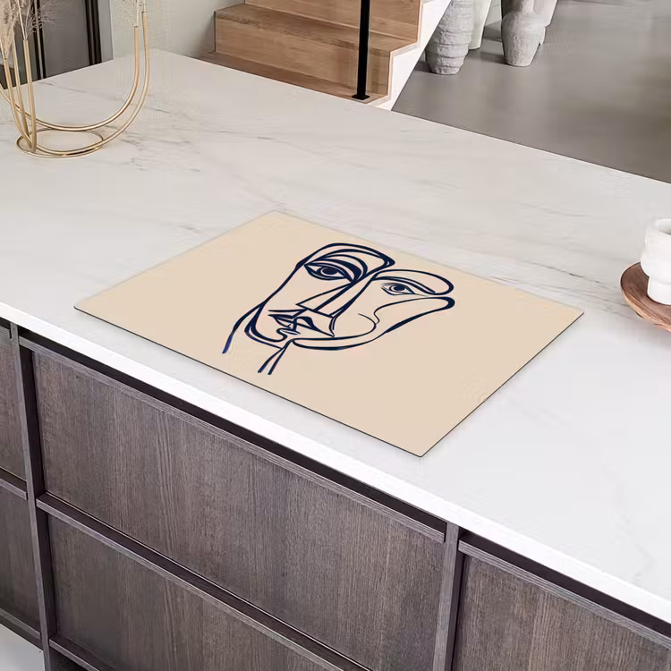 Minimalistisch - Lijnillustratie - Beige - Donkerblauw Inductie beschermer vinyl 3mm klein -sfeer8